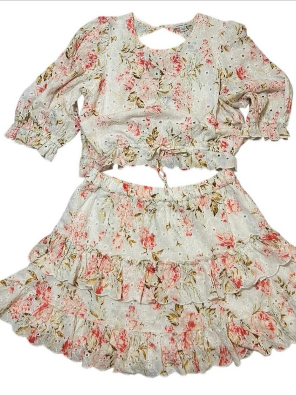 American Eagle Floral Tie-Front Top & Skirt Set, soft warm tones, size L - Picture 5 of 10
